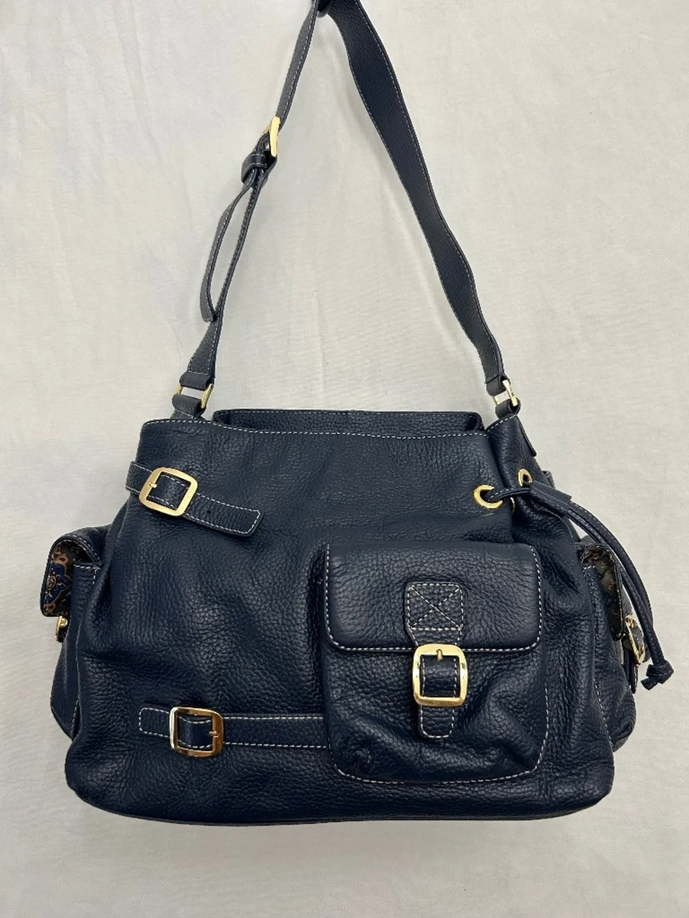 MAXX New York Navy Blue Pebbled Leather Hobo Buckle Strap Shoulder Handbag
